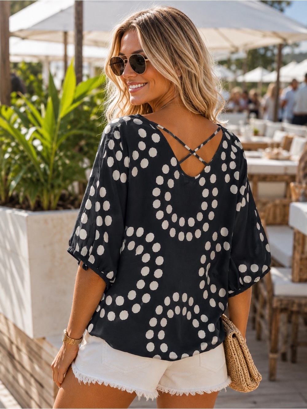 Wendy Katlen Black Blouse with Cream Dot Print and Crisscross V-Back